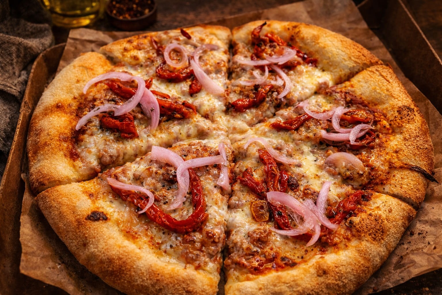 Pizza Fermento - Salsa napolitana, mozzarella, carne de chorizo, peperonata, cebolla encurtida - Fermento Neiva